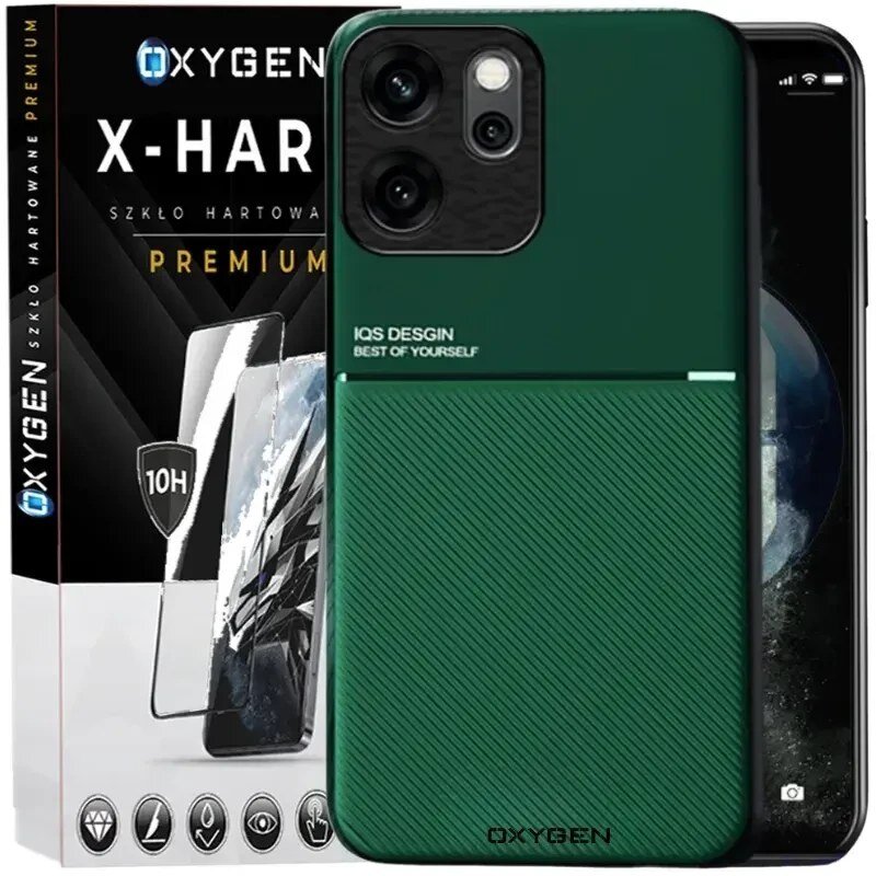 Na obrazie widoczne jest zielone etui na telefon z napisem \'IQS DESIGN BEST OF YOURSELF\' oraz opakowanie szkła hartowanego z logo \'OXYGEN X-HARD\'.