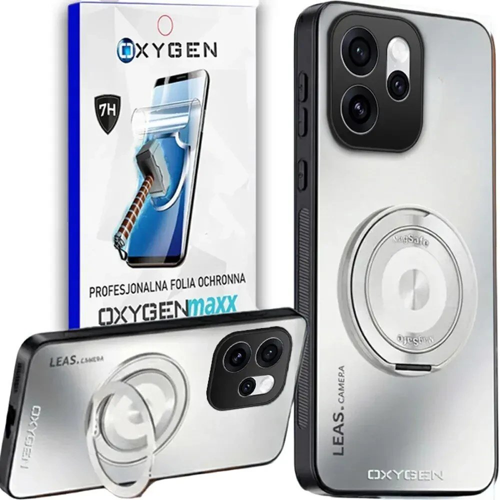 Na obrazie widoczne jest etui na telefon z metalicznym wykończeniem i okrągłym uchwytem, obok opakowania z napisem \'OXYGENmaxx Profesjonalna folia ochronna\'.