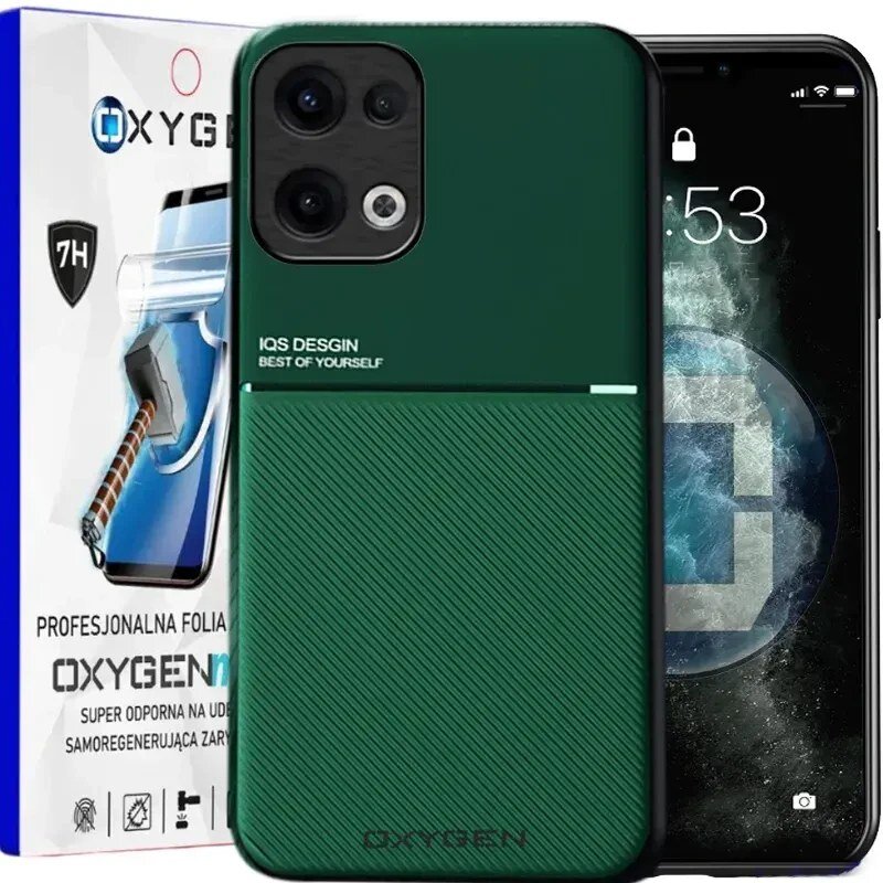 Na obrazie widoczne jest zielone etui na telefon z napisem \'IQS DESIGN BEST OF YOURSELF\' oraz opakowanie z logo \'OXYGEN\'. W tle znajduje się telefon z wyświetlaczem pokazującym godzinę 12:53.