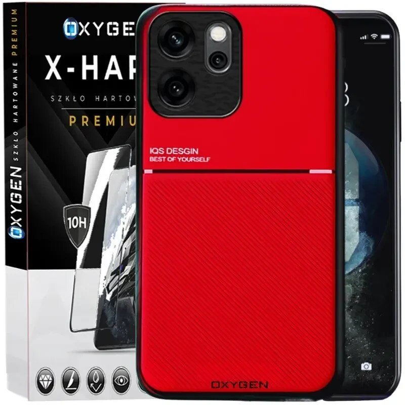 Czerwone etui na telefon z napisem \'IQS DESIGN BEST OF YOURSELF\' oraz logo \'OXYGEN\' na dole. W tle opakowanie szkła hartowanego z napisem \'OXYGEN X-HARD PREMIUM\'.
