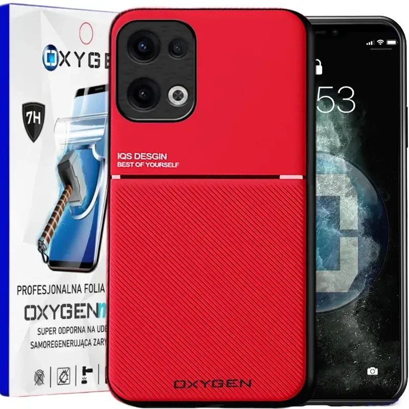 Czerwone etui na telefon z napisem \'IQS DESIGN BEST OF YOURSELF\' oraz logo \'OXYGEN\'. W tle widoczne jest opakowanie z grafiką młotka i tekstem \'PROFESJONALNA FOLIA OXYGEN SUPER ODPORNA NA UDERZENIA SAMOREGENERUJĄCA ZARYSOWANIA\'.