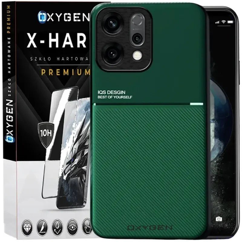 Na obrazie widoczne jest zielone etui na telefon z napisem \'IQS DESIGN BEST OF YOURSELF\' oraz opakowanie szkła hartowanego z logo \'OXYGEN X-HARD\'.