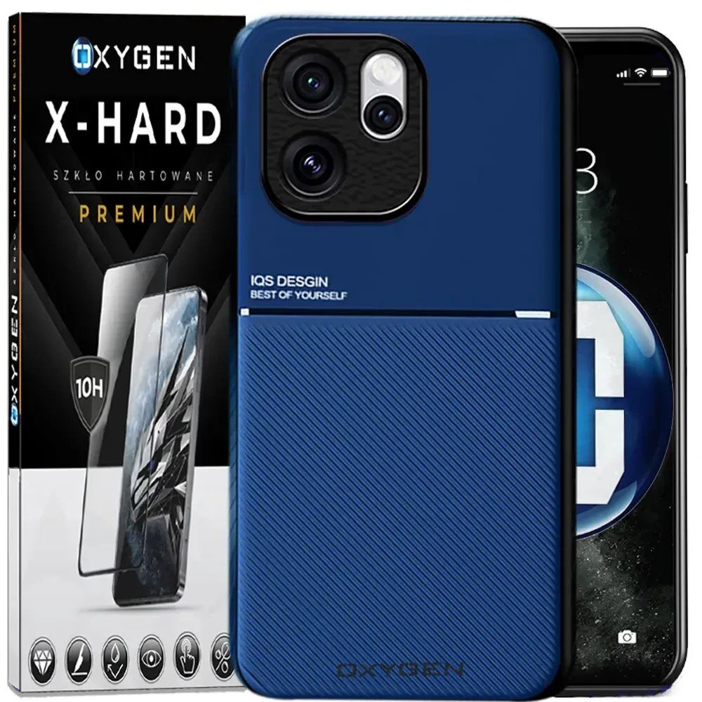 Na obrazie widoczne jest niebieskie etui na telefon z napisem \'IQS DESIGN BEST OF YOURSELF\' oraz opakowanie szkła hartowanego z logo \'OXYGEN X-HARD\'.