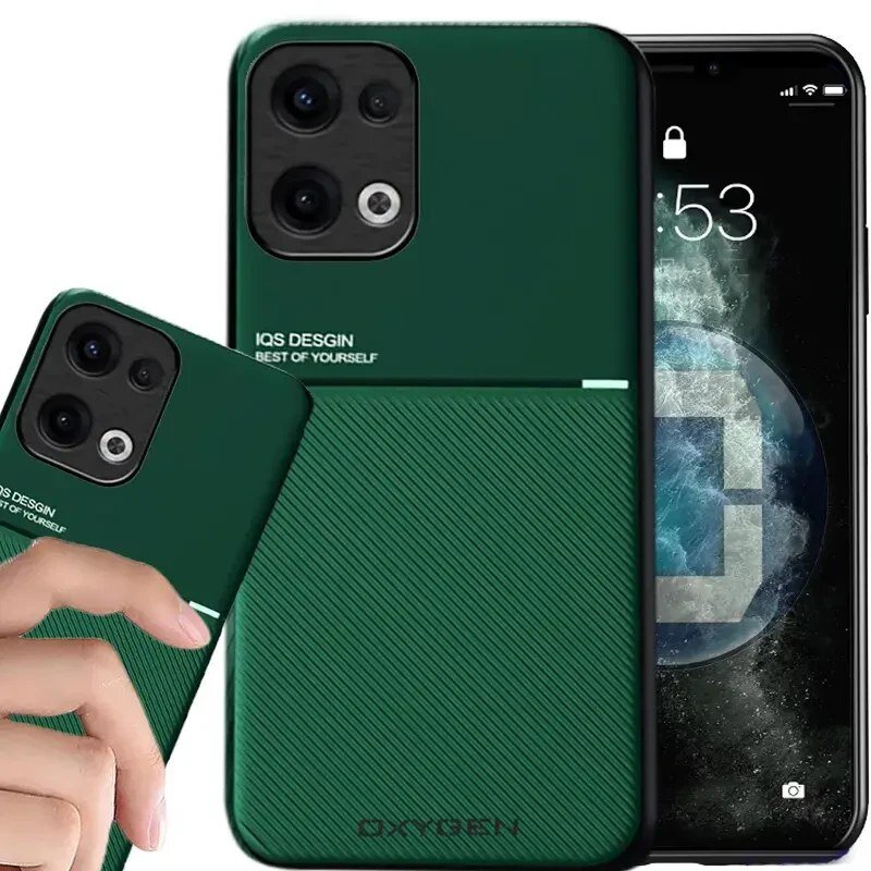 Zielone etui na telefon z napisem \'IQS DESIGN BEST OF YOURSELF\' oraz \'OXYGEN\' na dole. Obok widoczny jest telefon z wyświetlaczem pokazującym godzinę 2:53 i ikoną kłódki.