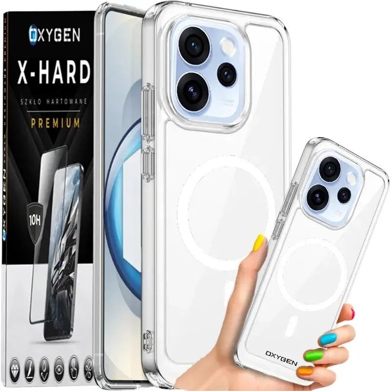 Przezroczyste etui na telefon z widocznym logo \'OXYGEN\' oraz opakowanie z napisem \'X-HARD szkło hartowane PREMIUM\'.