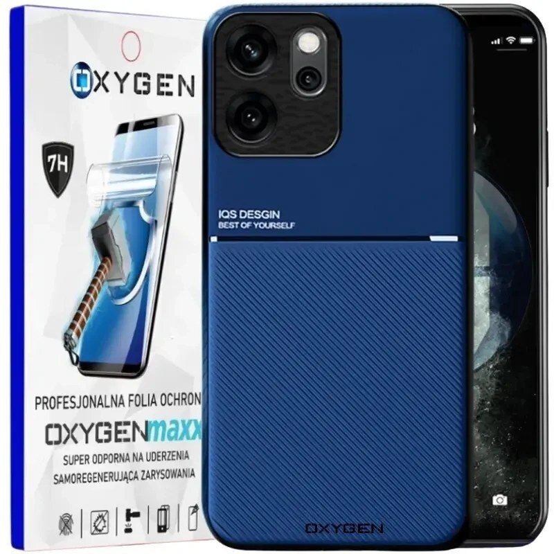 Na obrazie widoczne jest niebieskie etui na telefon z napisem \'IQS DESIGN BEST OF YOURSELF\' oraz opakowanie z napisem \'OXYGENmaxx PROFESJONALNA FOLIA OCHRONNA\'.