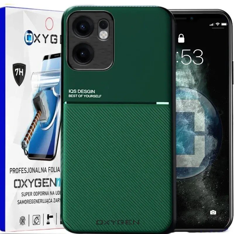 Na obrazie widoczne jest zielone etui na telefon z napisem \'IQS DESIGN BEST OF YOURSELF\', obok którego znajduje się opakowanie z logo \'OXYGEN\'.