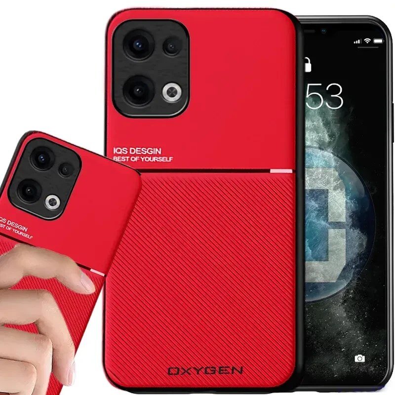 Czerwone etui na telefon z napisem \'IQS DESIGN BEST OF YOURSELF\' oraz \'OXYGEN\'. Etui posiada wycięcia na aparat i jest trzymane w dłoni obok telefonu z wyświetlaczem pokazującym godzinę 9:53.