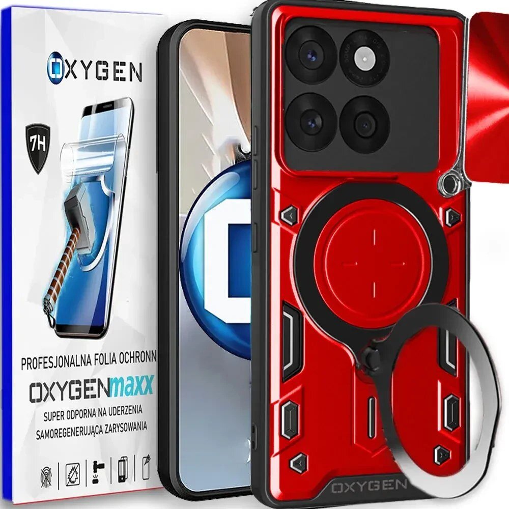 Na obrazie widoczne jest czerwone etui na telefon z czterema okrągłymi wycięciami na aparaty oraz opakowanie z napisem \'OXYGEN\'. Na opakowaniu znajduje się tekst: \'PROFESJONALNA FOLIA OCHRONNA OXYGENmaxx SUPER ODPORNA NA UDERZENIA SAMOREGENERUJĄCA ZARYSOWANIA\'.