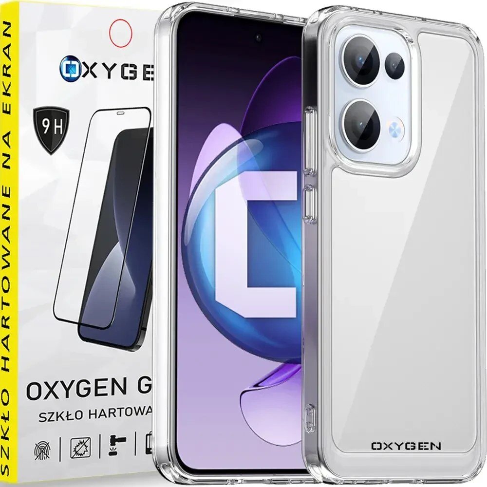 Obraz przedstawia przezroczyste etui na telefon z trzema dużymi otworami na aparaty oraz opakowanie z napisem \'OXYGEN GEAR SZKŁO HARTOWANE 9H\'.