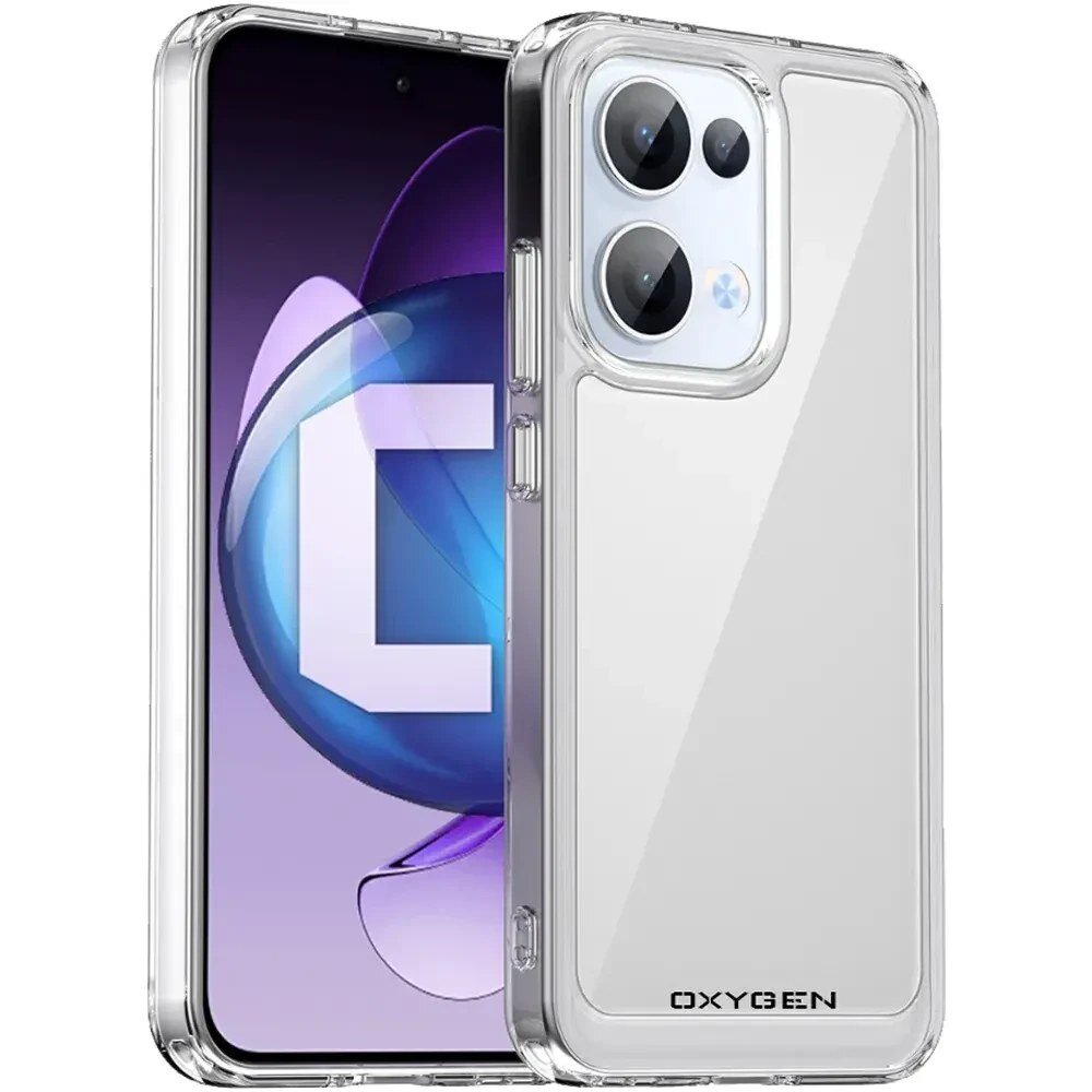 Przezroczyste etui na telefon z widocznym napisem \'OXYGEN\' na dole. Obok etui znajduje się telefon z wyświetlaczem pokazującym literę \'C\' na fioletowym tle.