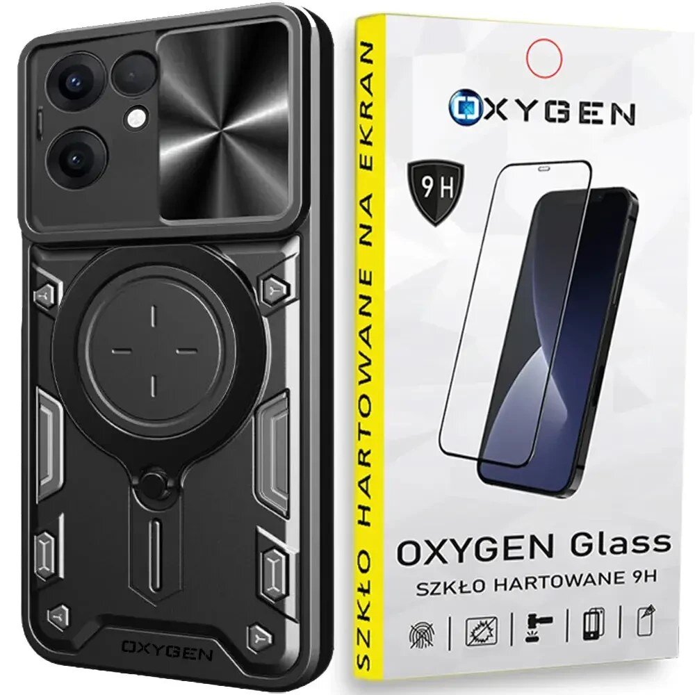 Na obrazie widoczne jest czarne etui na telefon z okrągłym wzorem oraz opakowanie szkła hartowanego z napisem \'OXYGEN Glass SZKŁO HARTOWANE 9H\'.