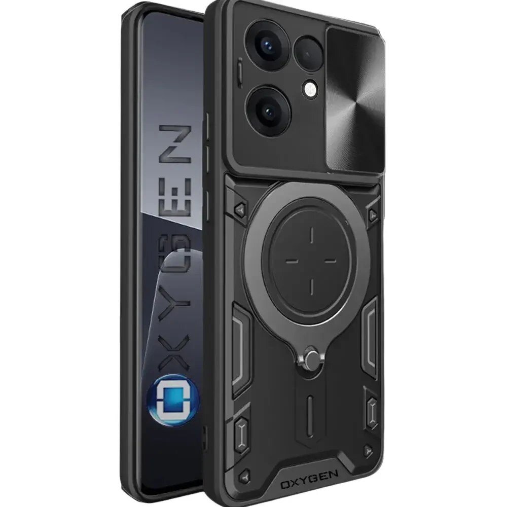 Obraz przedstawia czarne etui na telefon z napisem \'OXYGEN\' oraz trzema otworami na aparaty. Etui ma nowoczesny design z okrągłym wzorem na środku i metalicznym wykończeniem w górnej części.