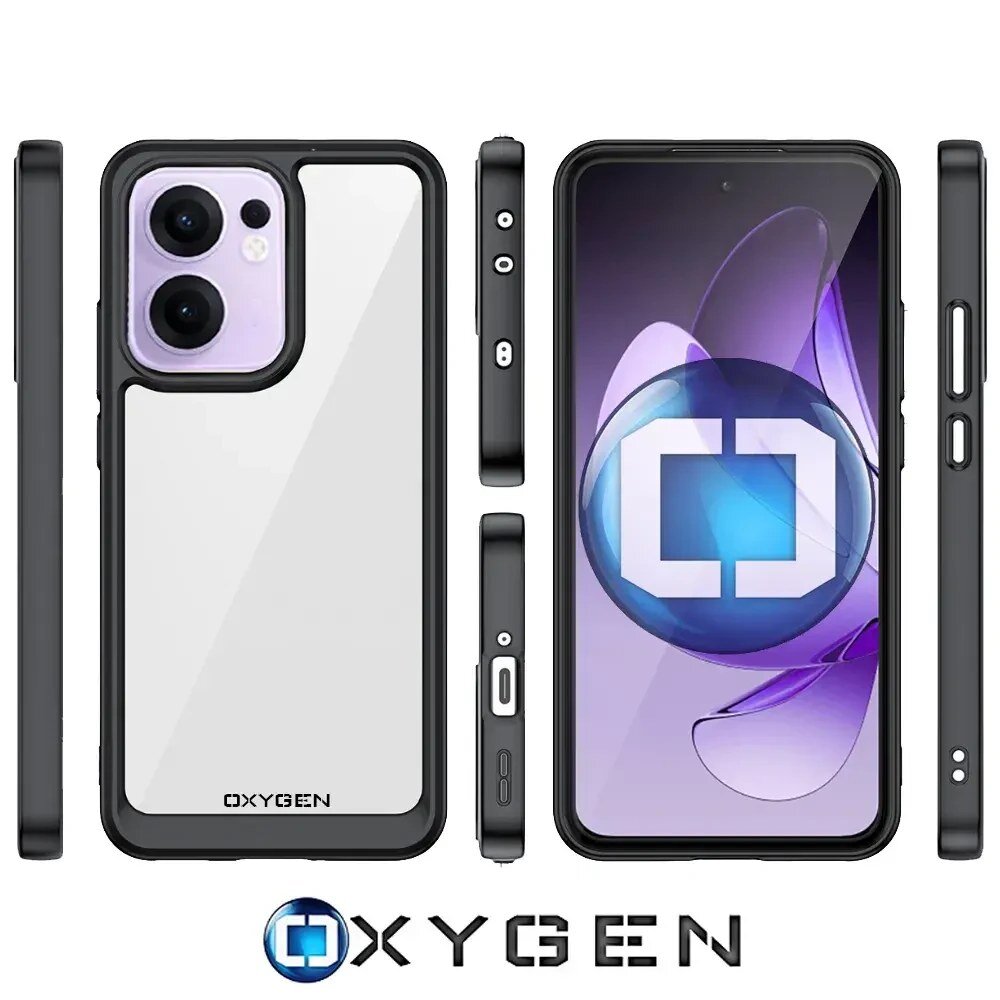 Obraz przedstawia etui na telefon z przezroczystym tyłem i czarnymi krawędziami, z widocznym logo OXYGEN. Obok znajduje się telefon z wyświetlaczem pokazującym niebiesko-fioletową grafikę oraz logo OXYGEN na dole.