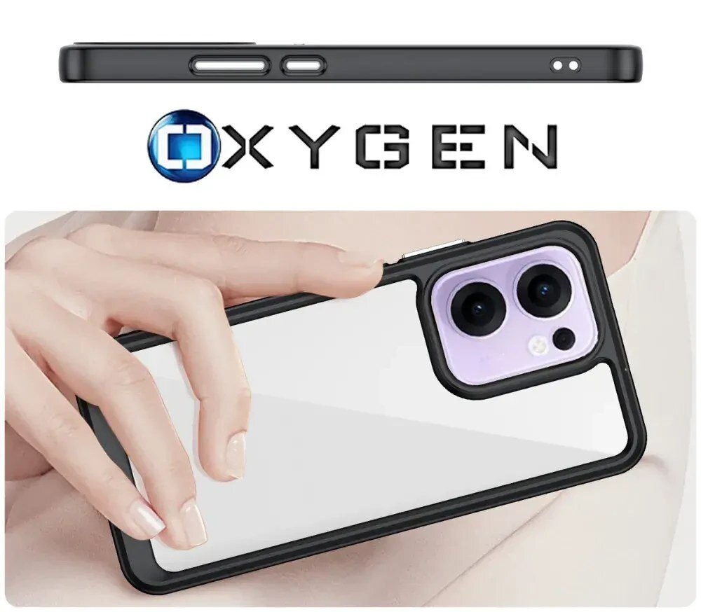 Obraz przedstawia etui na telefon z przezroczystym tyłem i czarnymi krawędziami, trzymane w dłoni. Widoczne jest logo \'OXYGEN\'.