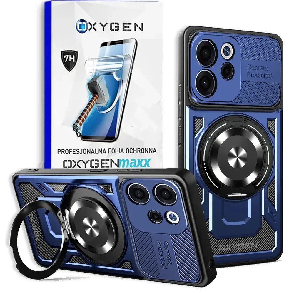 Na obrazie widoczne jest niebieskie etui na telefon z okrągłym uchwytem oraz opakowanie z napisem \'OXYGEN\' i \'PROFESJONALNA FOLIA OCHRONNA\'. Etui posiada wycięcia na aparat i napis \'Camera Protected\'.