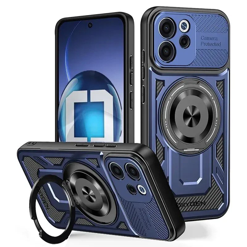 Na obrazie widoczne są trzy etui na telefon w kolorze niebieskim z czarnymi elementami, każde z okrągłym uchwytem na tylnej części. Na jednym z etui widoczny jest napis \'Camera Protected\'.