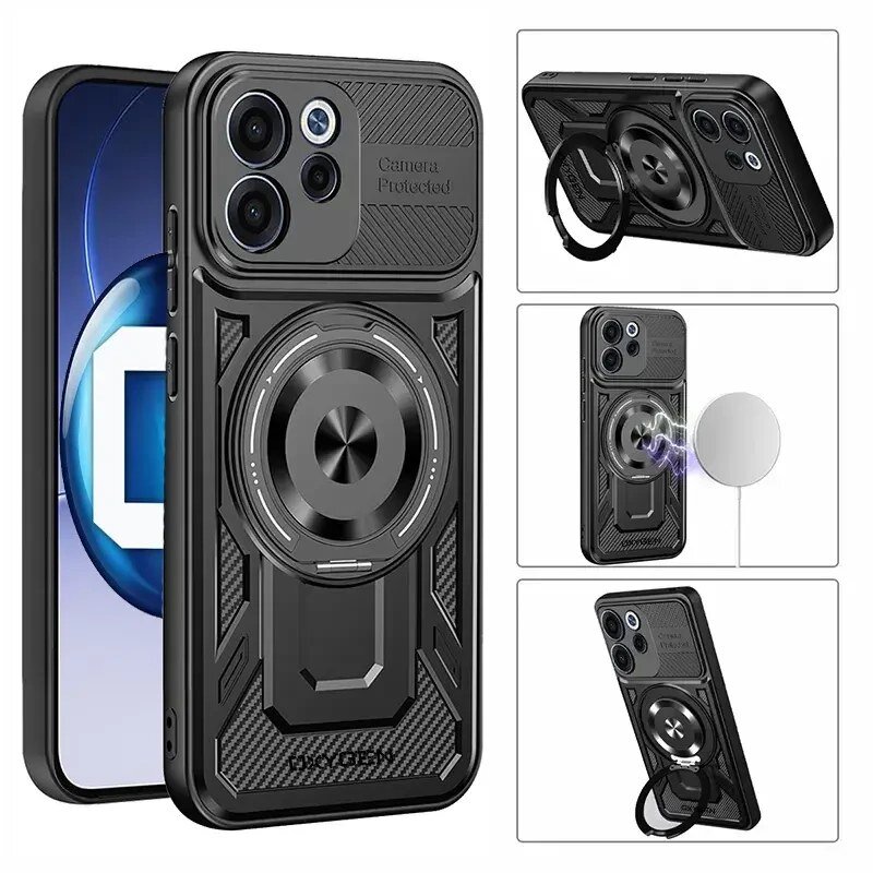 Obraz przedstawia czarne etui na telefon z okrągłym uchwytem i tekstem \'Camera Protected\'. Etui ma teksturę przypominającą włókno węglowe i jest oznaczone logo \'OXYGEN\'.