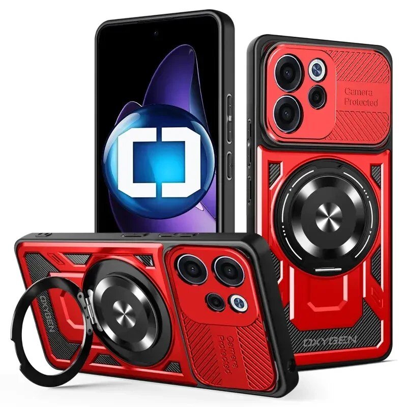 Obraz przedstawia czerwone etui na telefon z okrągłym uchwytem i trzema otworami na aparaty. Na etui widoczny jest napis \'Camera Protected\' oraz \'OXYGEN\'.