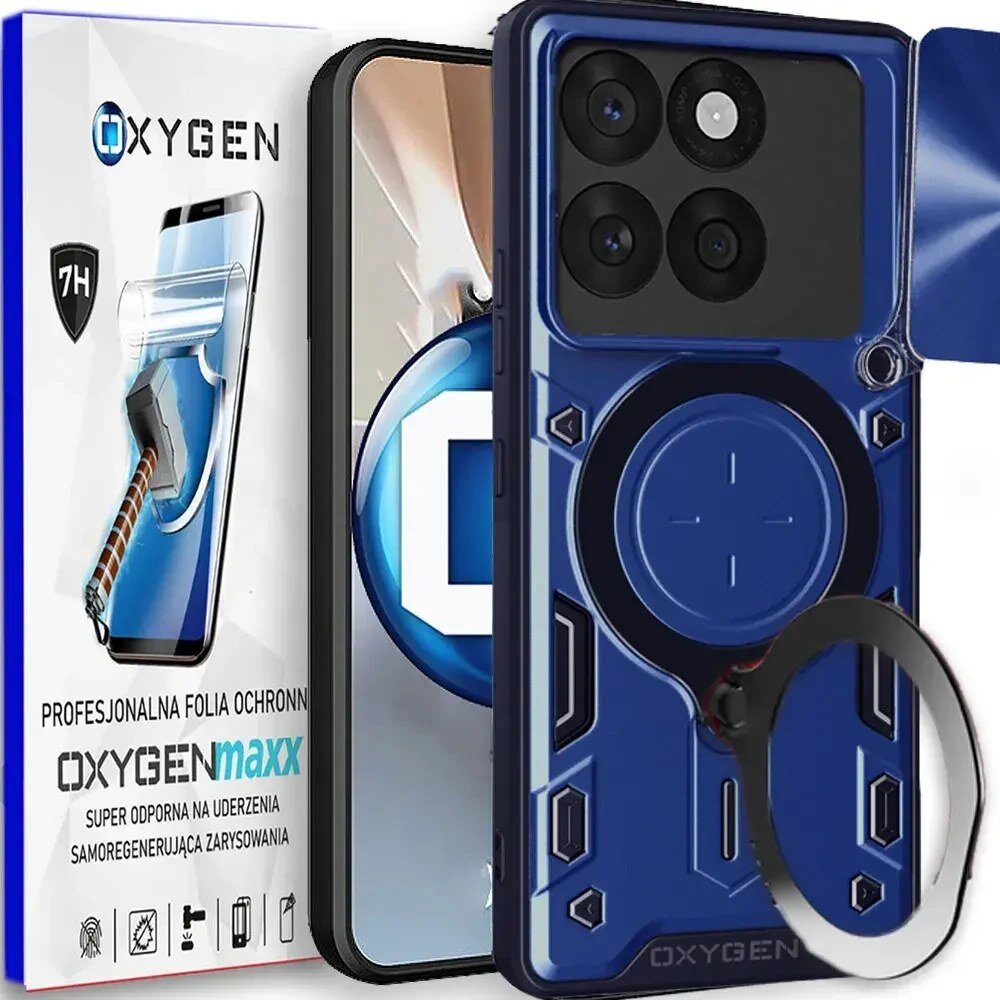 Na obrazie widoczne jest niebieskie etui na telefon z okrągłym wzorem oraz opakowanie z napisem \'OXYGEN\' i grafiką młota. Na opakowaniu znajduje się tekst: \'PROFESJONALNA FOLIA OCHRONNA OXYGENmaxx SUPER ODPORNA NA UDERZENIA SAMOREGENERUJĄCA ZARYSOWANIA\'.