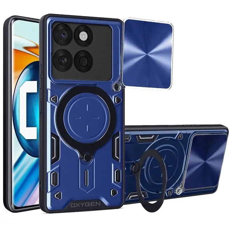 Etui na telefon w kolorze niebieskim z czarnymi elementami, posiada okrągły uchwyt i wycięcia na aparat. Na etui widoczny jest napis \'OXYGEN\'.