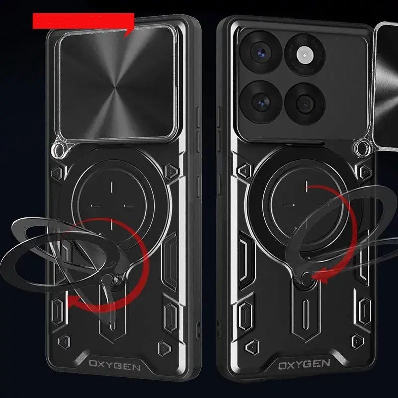 Obraz przedstawia dwa etui na telefon z napisem \'OXYGEN\', z widocznymi okrągłymi elementami i miejscem na aparat. Etui ma ciemny kolor i geometryczny wzór.
