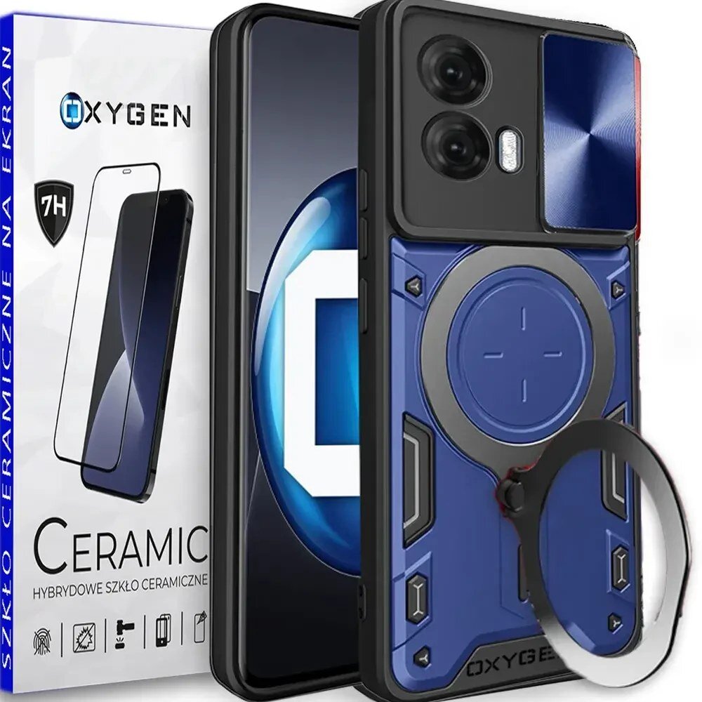 Na obrazie widoczne jest etui na telefon w kolorze niebieskim z okrągłym uchwytem oraz opakowanie z napisem \'OXYGEN\' i \'CERAMIC HYBRYDOWE SZKŁO CERAMICZNE\'.