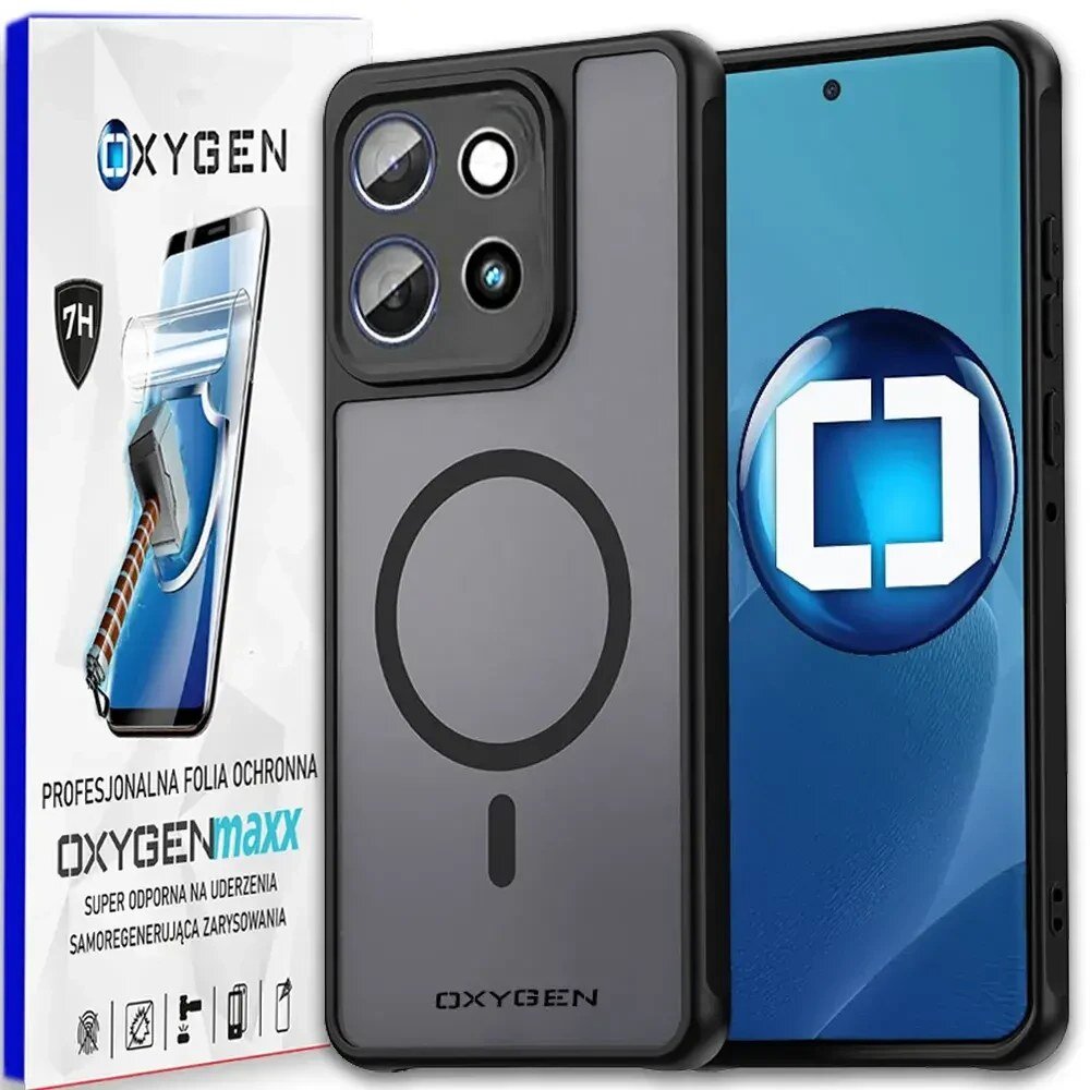 Na obrazie widoczne jest etui na telefon z okrągłym wzorem oraz opakowanie z napisem \'OXYGEN\' i grafiką młotka uderzającego w ekran. Obok znajduje się telefon z wyświetlaczem pokazującym niebieską grafikę z białym symbolem w środku.
