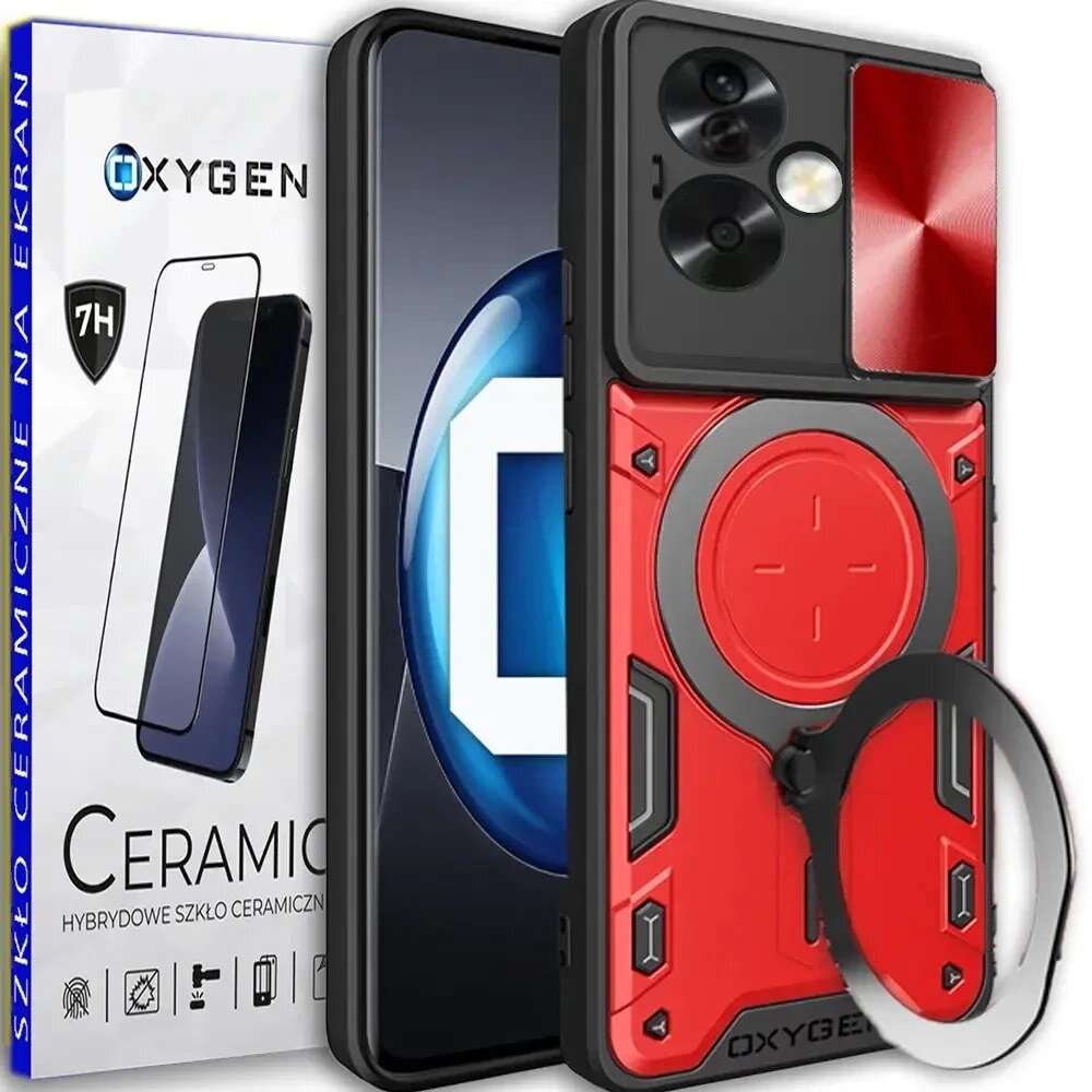 Obraz przedstawia czerwone etui na telefon z czarnymi i szarymi elementami oraz okrągłym uchwytem. Obok znajduje się opakowanie z napisem \'OXYGEN\' i grafiką szkła ceramicznego na ekran.