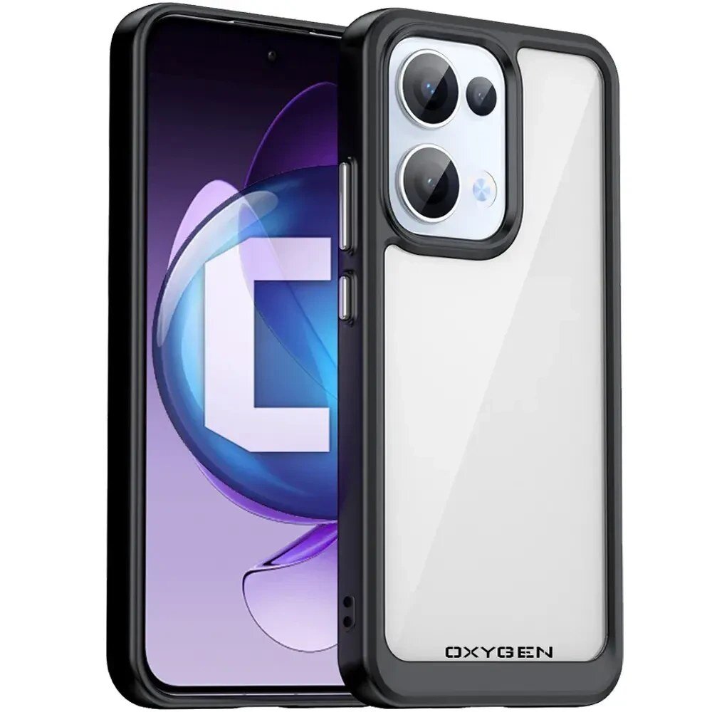 Etui na telefon z przezroczystym tyłem i czarną ramką, z widocznym napisem \'OXYGEN\'. Obok znajduje się telefon z wyświetlaczem pokazującym literę \'C\' na fioletowym tle.