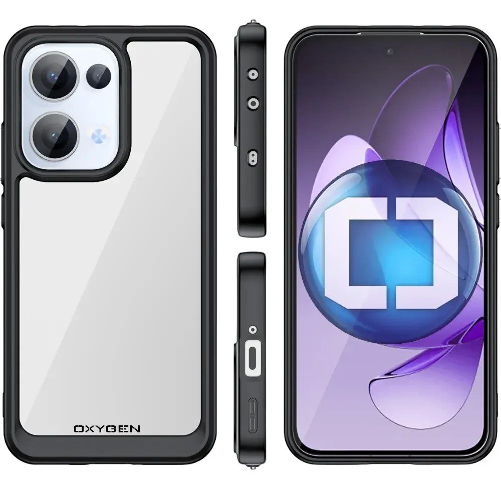 Obraz przedstawia etui na telefon z przezroczystym tyłem i czarnymi krawędziami, z napisem \'OXYGEN\' na dole. Obok widoczny jest telefon z wyświetlaczem, na którym znajduje się niebiesko-fioletowa grafika z białym symbolem w kształcie litery C.