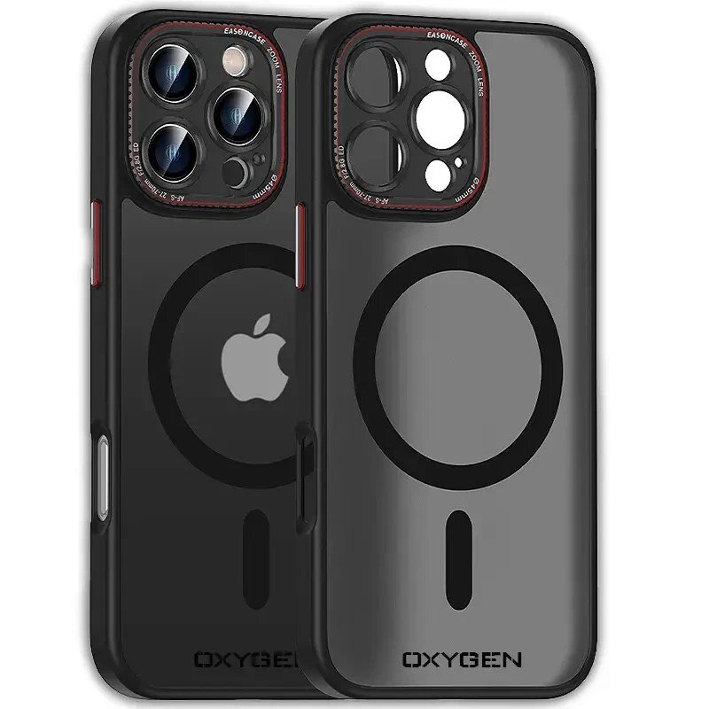 Na obrazie widoczne są dwa etui na telefon z napisem \'OXYGEN\' oraz logo w kształcie jabłka. Etui mają okrągły wzór na środku i otwory na aparat fotograficzny.