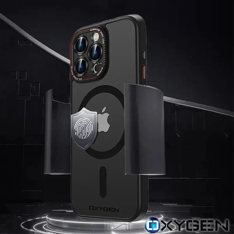 Czarne etui na telefon z logo jabłka i napisem \'OXYGEN\' na dole. Na etui widoczny jest symbol odcisku palca na tarczy.
