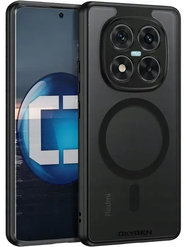 Czarny etui na telefon z okrągłym wzorem MagSafe, widoczne logo \'OXYGEN\' i napis \'Redmi\'. W tle ekran telefonu z niebieskim logo i aparatem z czterema obiektywami oraz napisem \'50MP\'.