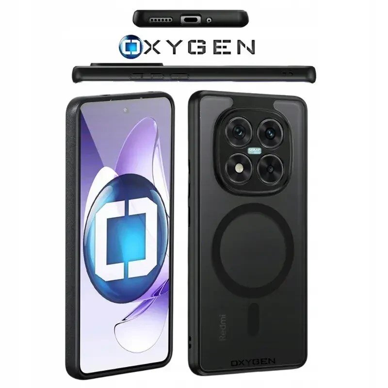 Obraz przedstawia czarne etui na telefon z okrągłym wzorem na tylnej części, obok telefonu z wyświetlaczem. Widoczne jest logo \'OXYGEN\' oraz napis \'Redmi\' na etui.