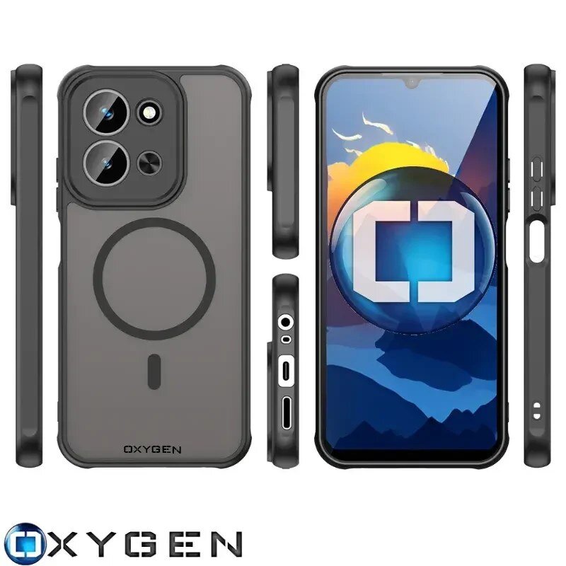 Obraz przedstawia etui na telefon z logo OXYGEN, widoczne z różnych perspektyw. Etui ma przezroczysty tył z okrągłym wzorem i jest kompatybilne z MagSafe.