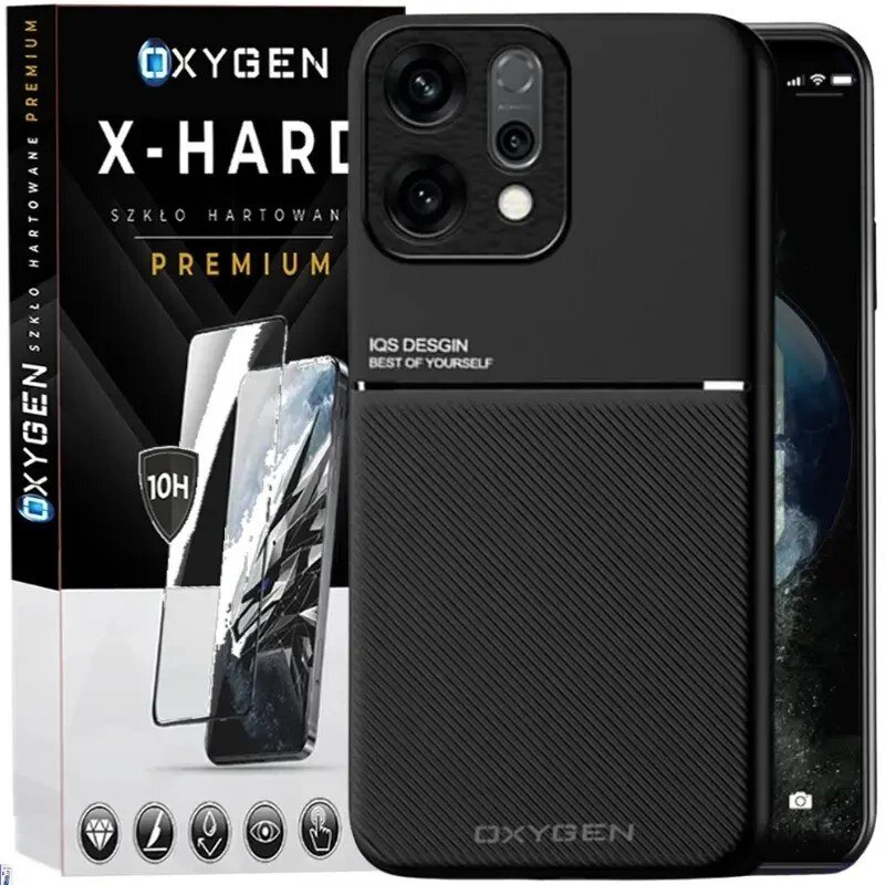 Na obrazie widoczne jest czarne etui na telefon z napisem \'IQS DESIGN BEST OF YOURSELF\' oraz opakowanie szkła hartowanego z logo \'OXYGEN X-HARD\'.