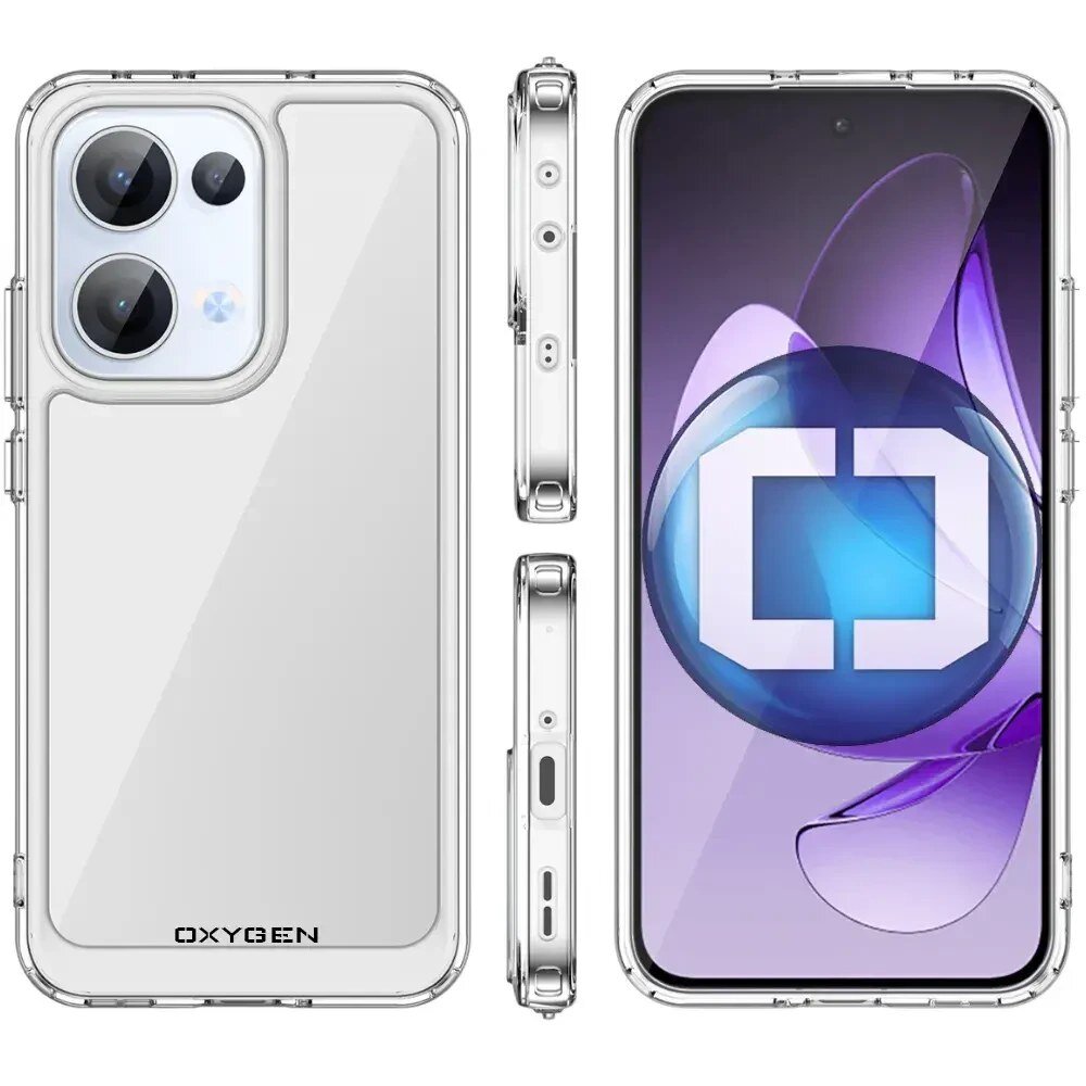 Obraz przedstawia przezroczyste etui na telefon z napisem \'OXYGEN\' oraz telefon z wyświetlaczem pokazującym niebiesko-fioletową grafikę. Etui posiada wycięcia na aparat i porty, a telefon ma dwa duże obiektywy aparatu.