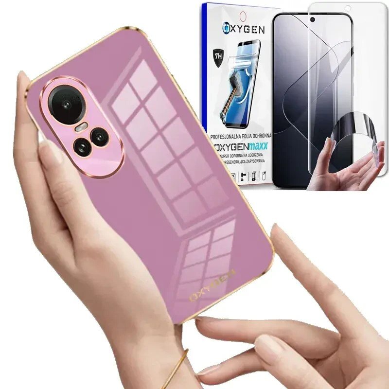 Na obrazie widoczne jest różowe etui na telefon z wycięciem na aparat oraz opakowanie z napisem \'OXYGENmaxx PROFESJONALNA FOLIA OCHRONNA\'.