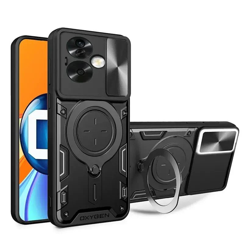 Na obrazie widoczne jest czarne etui na telefon z napisem \'OXYGEN\', posiadające okrągły uchwyt i wycięcia na aparat. Obok etui znajduje się telefon z pomarańczowym ekranem i dużą literą \'O\'.