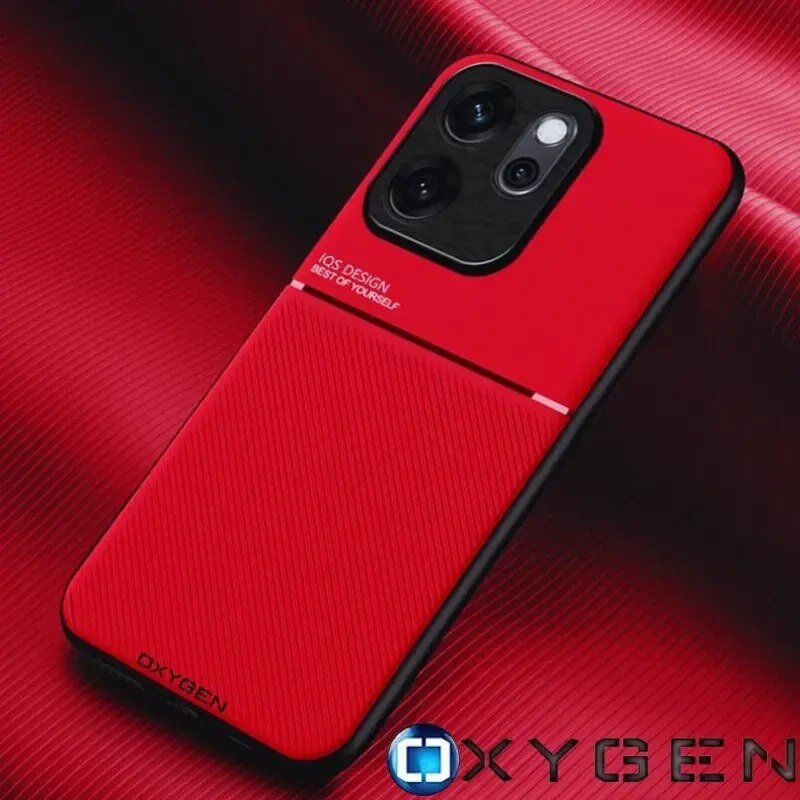 Czerwone etui na telefon z napisem \'OXYGEN\' i \'IQS DESIGN BEST OF YOURSELF\', z widocznymi wycięciami na aparat. Na dole znajduje się logo OXYGEN w kolorze niebieskim i czarnym.