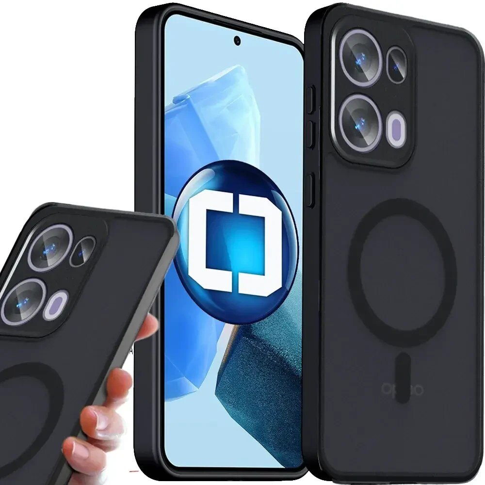 Na obrazie widoczne jest czarne etui na telefon z trzema okrągłymi wycięciami na aparat oraz okrągłym wzorem na środku. Obok etui znajduje się telefon z wyświetlaczem, na którym widoczna jest niebieska grafika z białym symbolem w kształcie litery C.