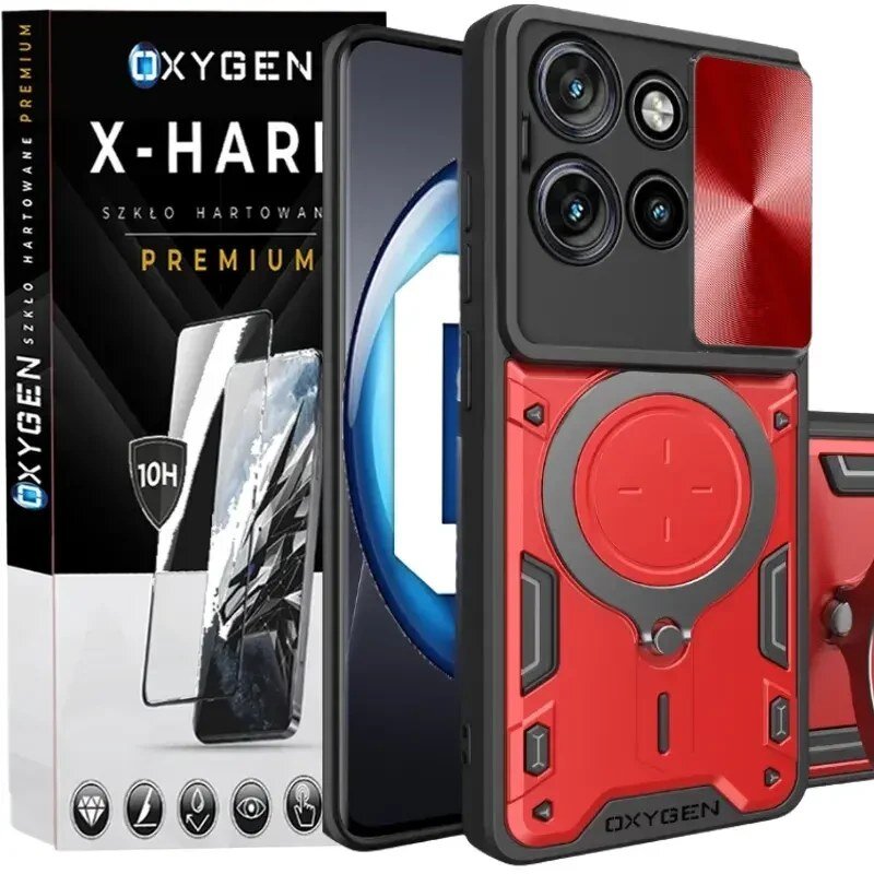 Na obrazie widoczne jest czerwono-czarne etui na telefon z dużym okrągłym elementem na środku oraz opakowanie z napisem \'OXYGEN X-HARD SZKŁO HARTOWANE PREMIUM\'.