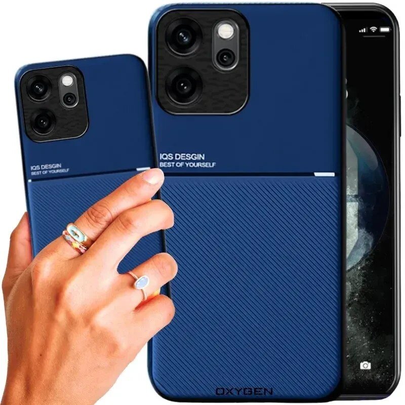 Na obrazie widoczne są dwa niebieskie etui na telefon z napisem \'IQS DESIGN BEST OF YOURSELF\' oraz \'OXYGEN\'. Jedno z etui jest trzymane w dłoni, a obok znajduje się telefon z widocznym ekranem.