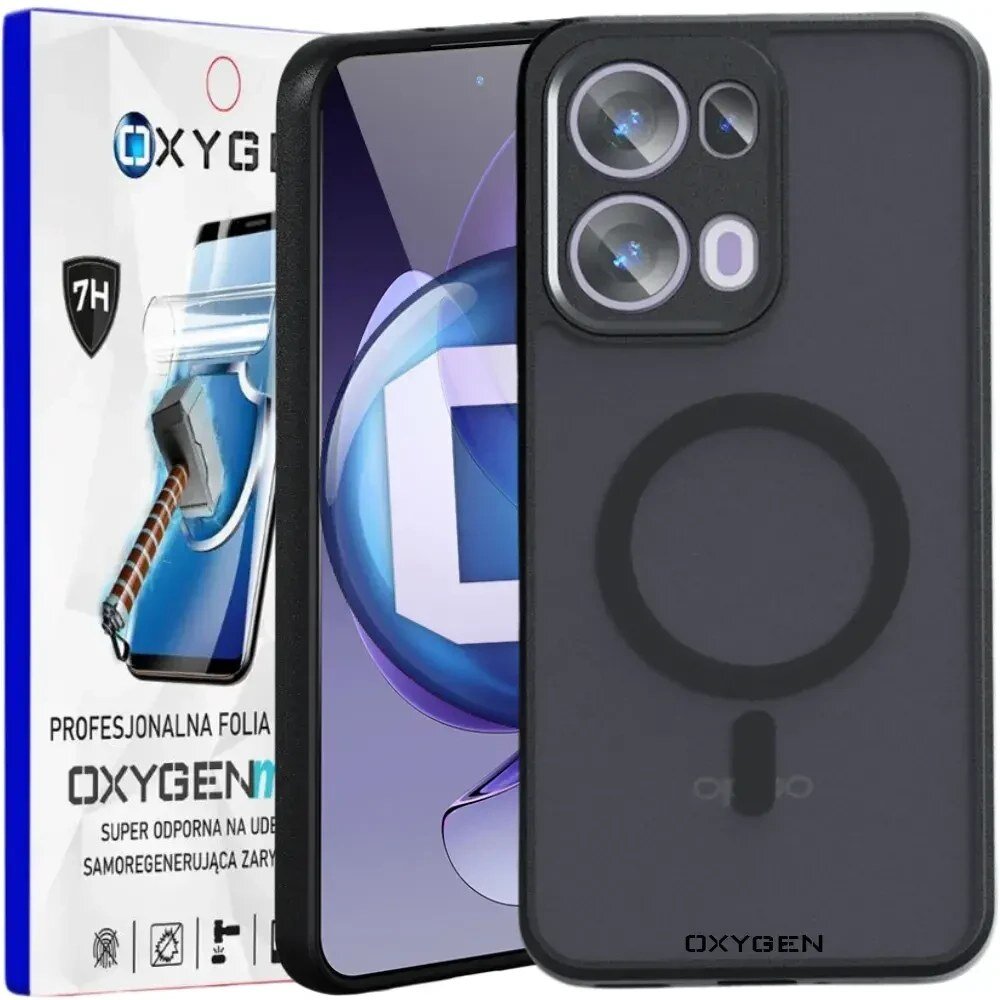 Na obrazie widoczne jest etui na telefon z trzema otworami na aparat oraz opakowanie z napisem \'OXYGEN\' i grafiką młotka. Opakowanie zawiera tekst: \'PROFESJONALNA FOLIA OXYGEN SUPER ODPORNA NA UDERZENIA SAMOREGENERUJĄCA ZARYSOWANIA\'.