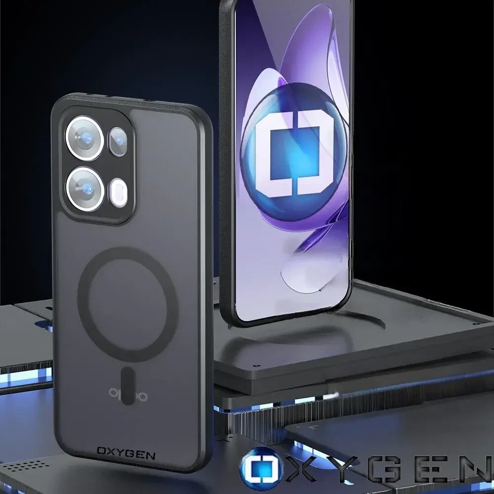 Na obrazie widoczne jest etui na telefon z napisem \'OXYGEN\' oraz logo producenta. Etui ma przezroczysty tył z okrągłym wzorem i jest umieszczone obok telefonu z wyświetlaczem pokazującym abstrakcyjny wzór.