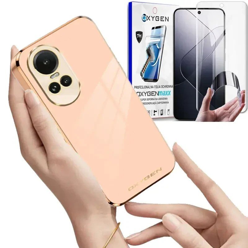 Na obrazie widoczne jest etui na telefon w kolorze różowego złota z napisem \'OXYGEN\' oraz opakowanie folii ochronnej z napisem \'OXYGENmaxx\'.