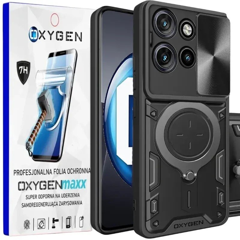 Obraz przedstawia czarne etui na telefon z trzema widocznymi obiektywami aparatu oraz opakowanie z napisem \'OXYGEN\' i \'PROFESJONALNA FOLIA OCHRONNA OXYGENmaxx SUPER ODPORNA NA UDERZENIA SAMOREGENERUJĄCA ZARYSOWANIA\'.