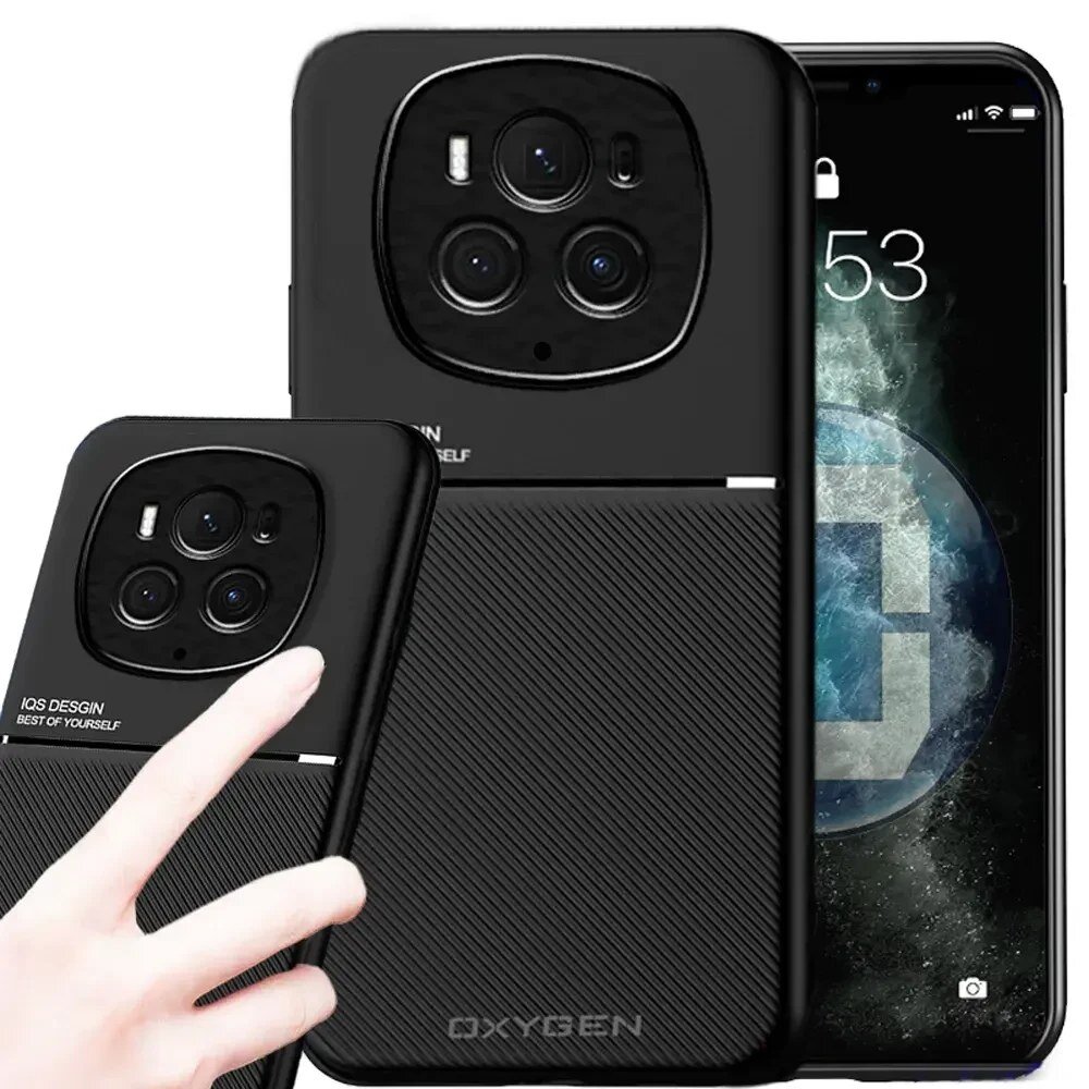 Na obrazie widoczne jest czarne etui na telefon z dużym otworem na aparat, z napisem \'IQS DESIGN BEST OF YOURSELF\' oraz \'OXYGEN\'. Obok znajduje się telefon z wyświetlaczem pokazującym godzinę 12:53.