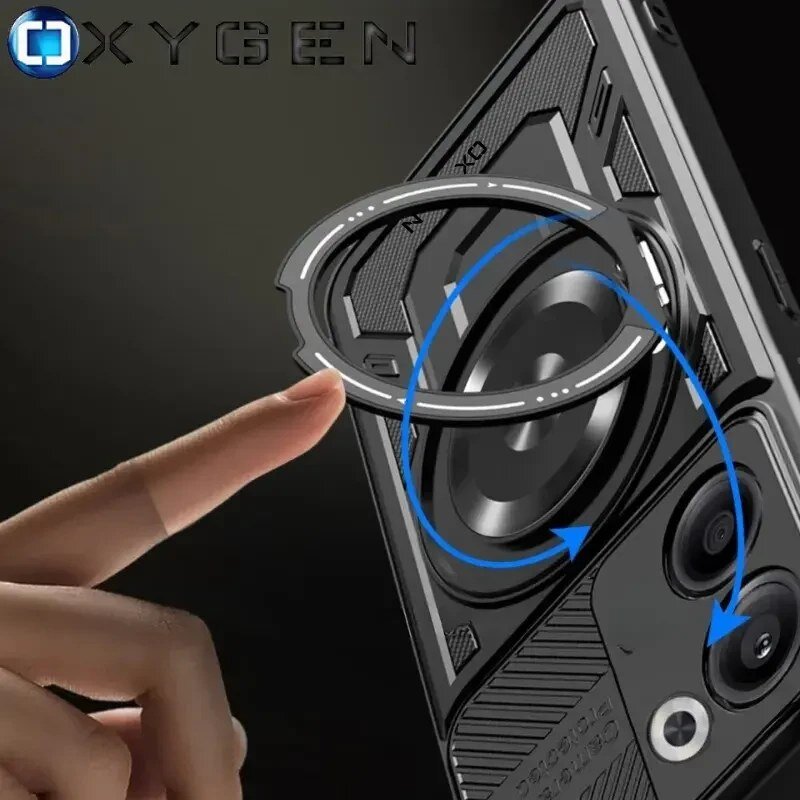 Obraz przedstawia etui na telefon z widocznym logo \'OXYGEN\' oraz elementem MagSafe. Na etui znajduje się okrągły element z niebieskimi strzałkami wskazującymi ruch obrotowy.